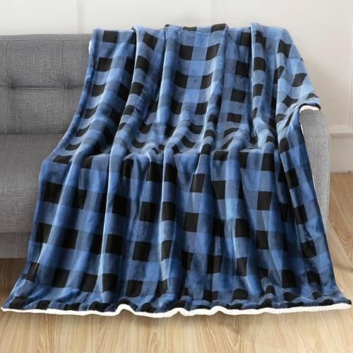 Elegant Comfort Luxury Ultra-Plush Velvet Touch Buffalo Plaid Fleece Throw - Soft, Warm, Cozy Micromink Sherpa-Backing Reversible Blanket for Bed, Sofa and Couch, Buffalo Blue - Image 2