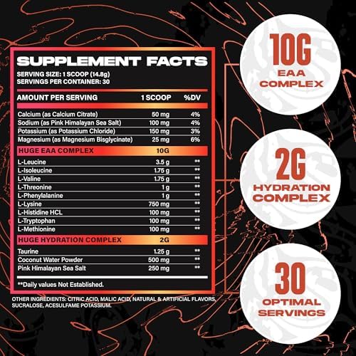 Huge EAA + Hydration, Essential Amino Acids Powder, EAAs & BCAAs, Intra & Post Workout Recovery Powder, Muscle Growth, Recovery & Performance, 10g EAAs & Electrolytes, Peach Mango, 30 Servings - Image 4