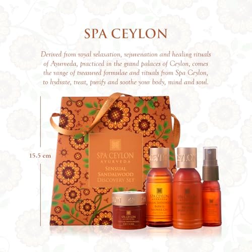 Spa Ceylon Ayurveda Sensual Sandalwood Discovery Set - 4-Piece Natural Spa Gift Set with Mysore Sandalwood, Vetiver & Patchouli – Bath Gel, Body Lotion, Pillow Mist & Body Scrub - Image 2