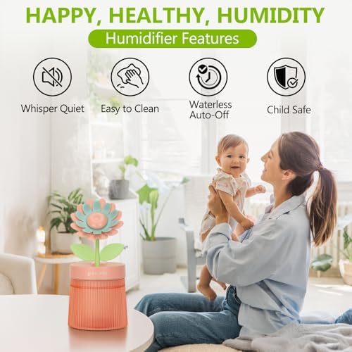 Cute Flower Mini Humidifier, Small Cool Mist Desk Humidifiers, Portable USB Personal Desktop Plant Humidifiers, Cooling for Home Office Car Travel Indoor Outdoor (260ml, Pink Sunflower) - Image 3