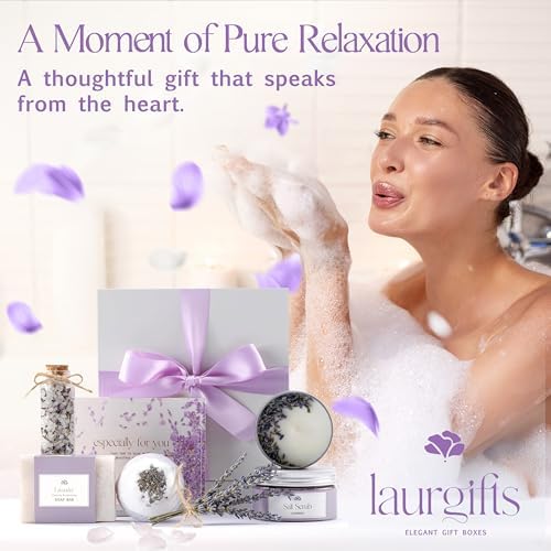 Birthday Gifts for Women – Lavender Spa Gift Basket, Small Candle Set with Bath Gifts, Relaxing Self Care Basket, Lavender Gift for Her - Image 6