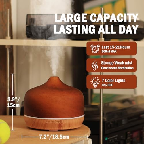 Porseme 500ml Glass Essential Oil Diffuser Aromatherapy Ultrasonic Cool Mist Humidifier 15-21 Running Hours Waterless Auto-Off Air Diffusers for Sleeping Yoga Working Spa(Caramel) - Image 3
