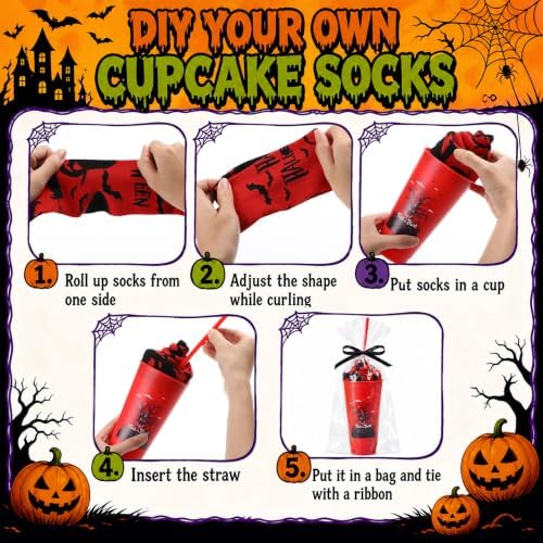 12 Set Halloween Party Gift Cup and Socks, Halloween Party Favor Bundle with Cups, Pairs Novelty Socks, Gift Bags and Ribbon for Trick or Treat Classroom Prize Supplies - Image 3