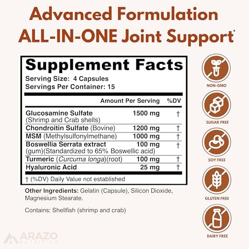 Arazo Nutrition Glucosamine Chondroitin Turmeric Msm Boswellia - Joint Support Supplement for Relief for Bones, Back, Knees, Hands (60 Capsules) - Image 2