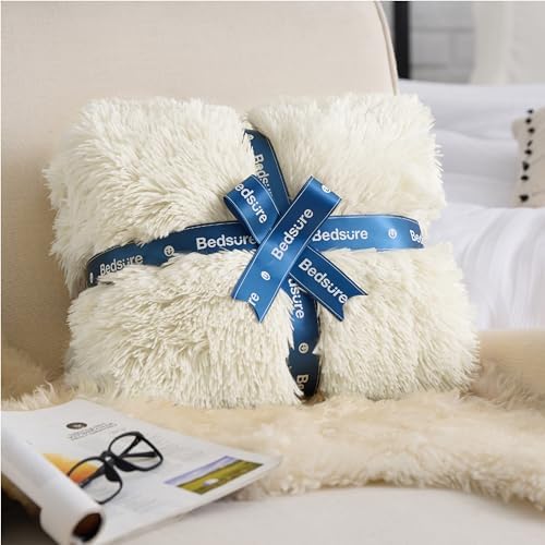 Bedsure Faux Fur Fluffy Sherpa Fleece Queen Bed Blanket Cream 60"x80" - Image 6