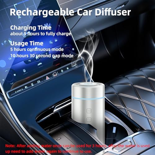 SEEDSEEL 100ML Car Essential Oil Diffuser, Rechargeable Battery Powered, Cordless Portable Aromatherapy Diffuser with 7 LED Color Lights 2 Timer Modes for Car Room Home Office (Silver) - Image 2