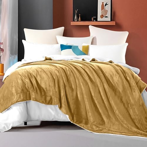 Elegant Comfort Ultra Soft Reversible Flannel Sherpa Blanket - Cozy Silky Fleece Throw for Couch, Bed - Plush Fuzzy Warm Winter Blanket for Gift, Queen, Gold - Image 2