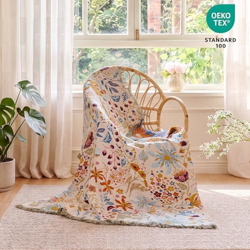MSGKV Boho Throw Blanket 60"x80" Twin 100% Cotton Floral Blanket for Bed - Image 6