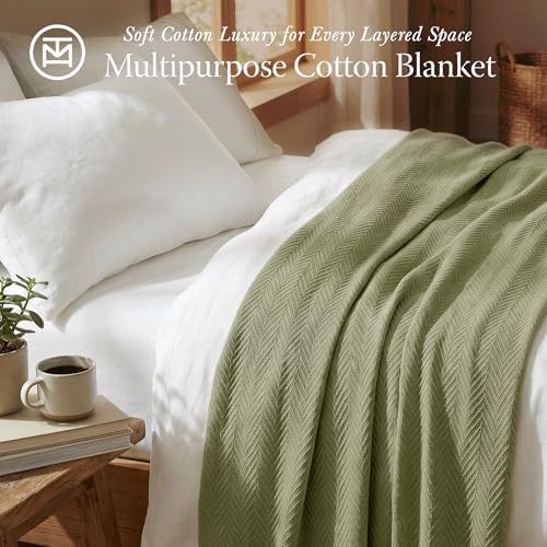 Threadmill Luxury 100% Cotton King Herringbone Blanket, Moss Green - Image 2