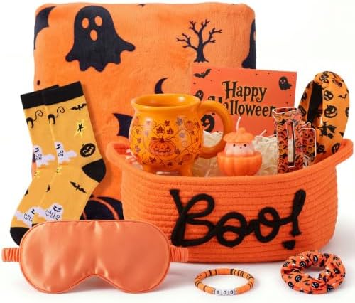 Willinglong 11 Pcs Halloween Basket Gifts for Women- Boo Gift Set with Scented Candle Mug Flannel Blanket Socks Sleep Mask Bracelet Hair Accessories Greeting Card for Mom Coworker Wife by Willinglong