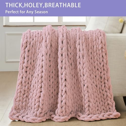 Bigacogo Chunky Knit Throw Blanket for Couch, 51x63 inches, Dusty Pink - Image 4