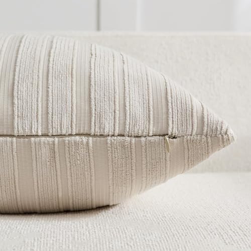 DEZENE 14x36 Beige Lumbar Pillow Covers Soft Striped Corduroy Neutral Rectangular Long Body Pillow Cases for Couch Sofa Bedroom Living Room Home Decor - Image 2
