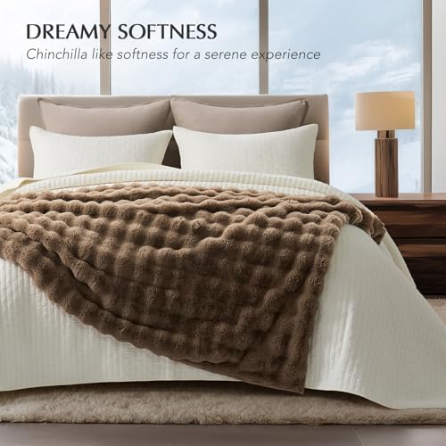 EverGrace Faux Rabbit Fur Bubble Throw Blanket, 60"x80", Natural Tan - Image 6