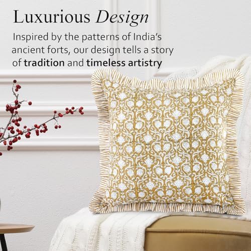 CPC Block Print Ruffle Throw Cover Mustard Regal 20"x20" Inch Pack of 2-100% Cotton Ruffle Couch Decorative Boho Pillows Case for Living Room, Bedroom, Sofa, Farmhouse Gift for Spring, Mother's Day - Image 4