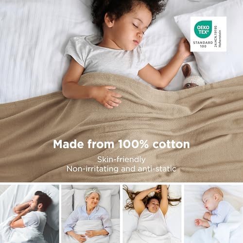 Bedsure 100% Cotton Blanket, Herringbone Weave, Twin-XL, Light Brown - Image 2