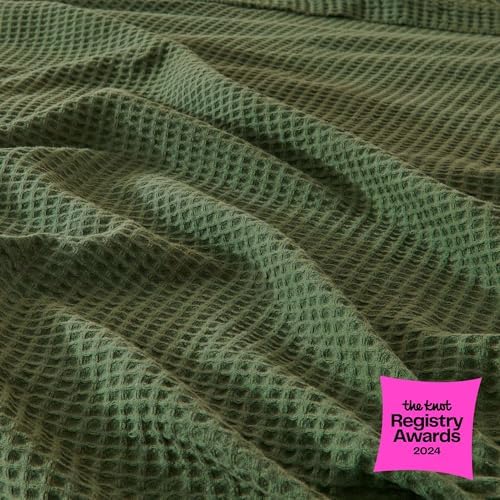 100% Cotton Green Blanket Full/Queen Size for Bed - Breathable and Soft, Waffle Weave for Summer Spring, 90x90 Inches (Forest Green) - Image 2