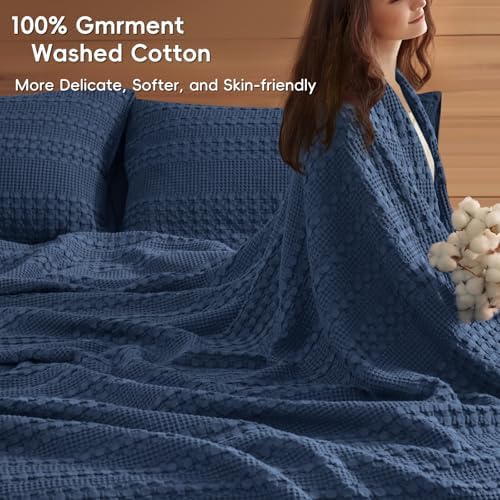 PHF Lightweight 100% Cotton Waffle Blanket, Oversized King, Blue Sapphire - Image 2