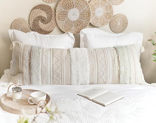 BlissBlush 20X54 Oversized Large Lumbar Pillow Cover for Bed, Rectangular Long Decorative Throw Pillowcase, Cotton Boho Accent Cushion with Tufted Pattern and Tassels, Cream Beige Neutral (Cover Only) by BlissBlush