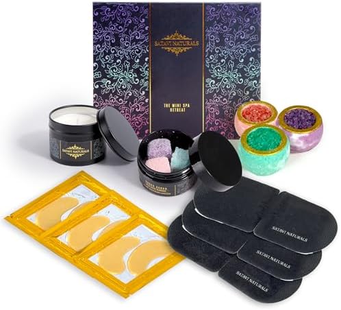 Spa Gift Set for Women – The Mini Spa Retreat | Bath Bombs, Sugar Scrub, Candle, 24K Gold Eye Masks & Steam Eye Mask | Self Care & Relaxation Gift Box for Stress Relief at Home by SataviNaturals