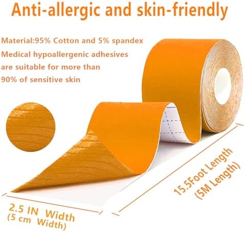 SOON GO Kinesiology Tape, 2IN x 16.4FT Uncut athletic tape, Waterproof Breathable Latex-Free, Muscle Recovery & Joint Support,Orange (1/2/5 Rolls) - Image 2