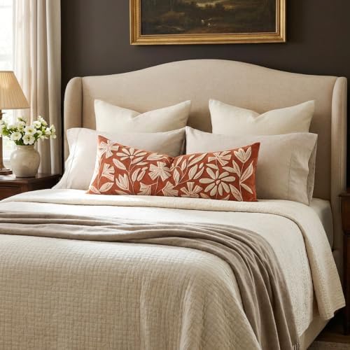 BlissBlush Long Lumbar Pillow Cover 14x36 for Bed, Rust Terracotta Floral Tufted Velvet Accent Oversize Throw Pillowcase for Bedroom, Cover Only - Image 3