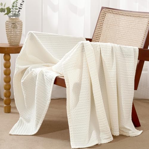 PHF Lightweight Waffle Weave Throw Blanket 50"x 60", Soft Woven Summer Blanket for Hot Sleepers - Aesthetic Home Decor for Couch Bed Sofa, Pet Friendly, Cream by PHF