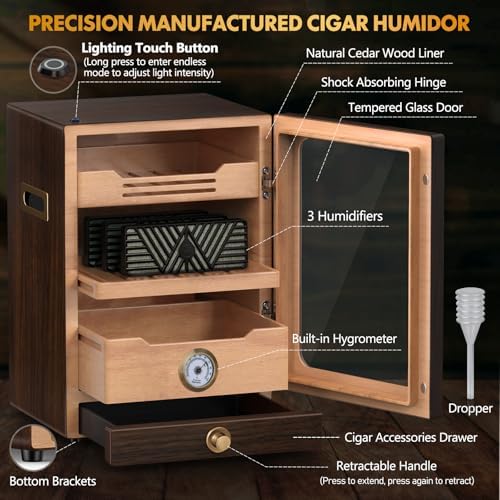 Cigar Humidor, Desktop Cigar Humidor Cabinet Light Control System with Spanish Cedar Wood Shelves, Hygrometer, 3 Humidifiers and Cigar Accessories Drawer, Father's Day Gift for Men (Walnut) - Image 2