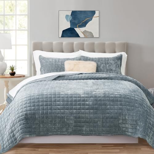 RECYCO Channel Box Stitch Velvet Quilt Set, King Size, Blue Linen by RECYCOHOMECOLLECTION