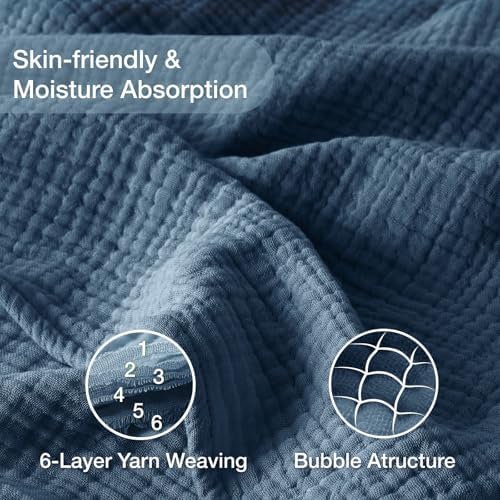 100% Cotton Throw Blanket 50" x 70" Dark Blue, 6 Layers Large Breathable and Lightweight Cotton Blanket for Bed and Couch, Soft Quilt Bedspread, Gauze Blanket for Adults All Season, Blue - Image 4