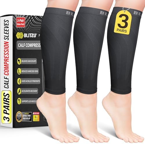 BLITZU Calf Compression Sleeves, 3 Pairs, Shin Splint Relief Running Socks by BLITZU
