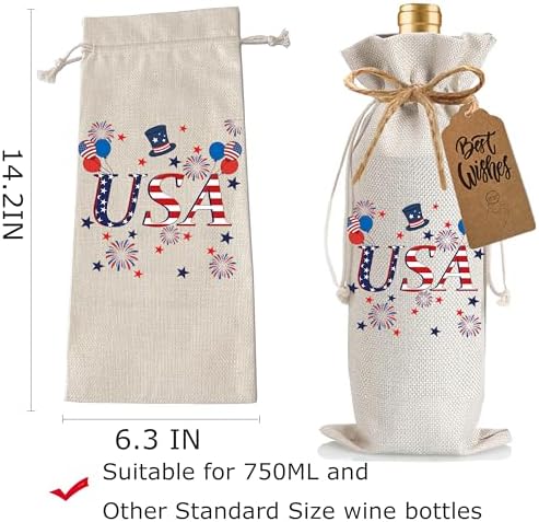 1Pcs USA Wine Gifts Bag 4th of July Independence Day Wine Bag, Celebrate New Chapter with 1Pcs Kraft Blessing Cards and natural jute rope - Image 2