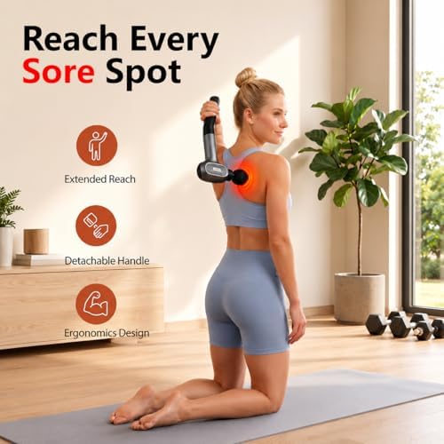 AxBerry Massage Gun, Deep Tissue Percussion Massager with Heat & Detachable Extension Handle, Handheld Muscle Massager for Back, Neck & Shoulders Pain, Portable Massage Gun, Muscle Gun - Image 2