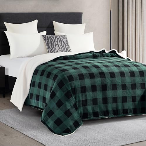 Elegant Comfort Ultra Soft Reversible Buffalo Plaid Flannel Sherpa Blanket - Cozy Silky Checkered Fleece Throw for Couch, Bed - Plush Fuzzy Warm Winter Blanket for Gift, King, Green - Image 3
