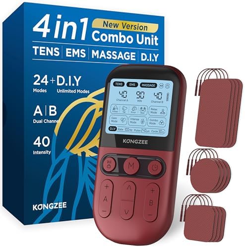 4 in 1 - D.I.Y & Tens Unit & EMS & Massage Muscle Stimulator, Dual Channel TENS Units Therapy Machine for Pain Relief, FDA Cleared Rechargeable Electronic Pulse Massager,with 12pcs Electrode Pads by RelaxyourlifewithKONGZEEproduct