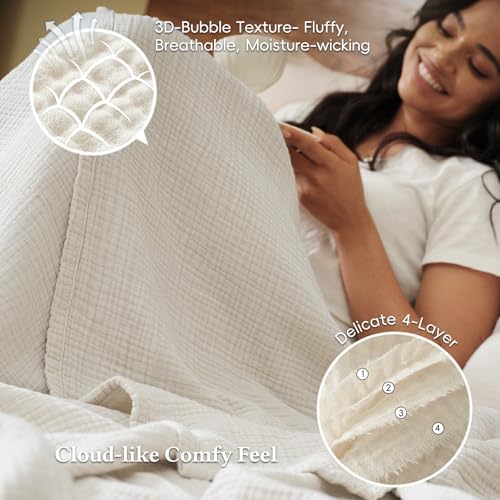 David's Home 100% Natural Cotton Muslin Blanket King Size, 4-Layer Soft Breathable Lightweight Comfy Cozy Throw Guaze for Hot Sleepers, 3D Bubble Room Decor for Bed Couch, Giftable, Brich, 108"x90" - Image 3