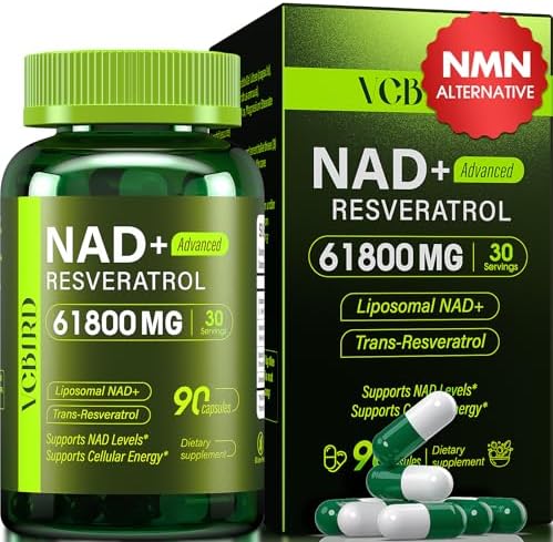 Nad Resveratrol Supplement 1200mg Per Serving – Liposomal Nad+ Resveratrol for Women & Men – High Purity 1200mg Nad+ Supplement for Energy & Healthy Aging, Resveratrol, Quercetin, CoQ10 – 90 Counts by VCBIRD