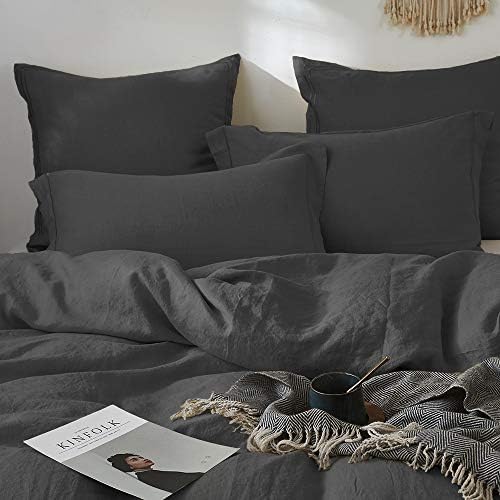 Simple&Opulence 100% French Linen Euro Shams with Embroidery (26'' x 26'') - Pack of 2 - Pre Washed Solid Color Natural Flax Soft Breathable - Dark Grey - Image 5