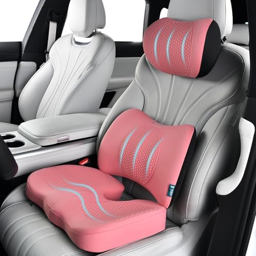 FLORICH 3 PCS Seat Cushion for Carseat Lumbar Support Pillow Car Neck Headrest Pillows Memory Foam Gel Memory Foam Massage Point Seat Pads Pressure Relief Back Cushion for Office Chair(Pink) by FLORICH
