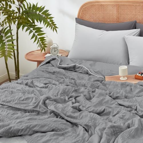 Cozy Bliss Seersucker Cooling Comforter Queen Size, Q-Max 0.45 Reversible Lightweight Cooling Blanket, Breathable Silk Smooth Summer Bedding Quilt for Hot Sleepers Night Sweats Dark Grey - Image 5