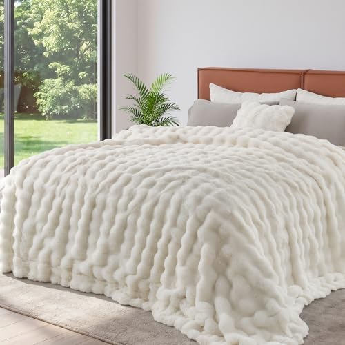 Lotus Karen King Size Faux Fur Blanket Cream White - Big Bubble Rabbit Fluff Throw for Bed Large Fluffy Fuzzy Cozy Thick Furry Plush Shaggy Blankets 108x90 Inches by LotusKaren