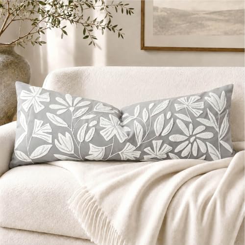 BlissBlush Long Lumbar Pillow Cover 14x36 for Bed, Light Gray Floral Tufted Velvet Accent Oversize Throw Pillowcase for Bedroom, Cover Only by BlissBlush
