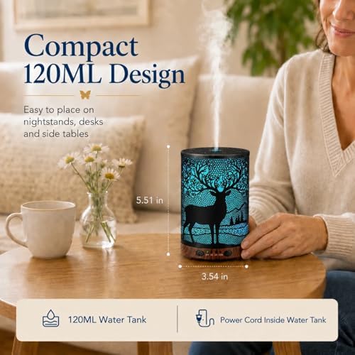 Essential Oil Diffuser 120ML Metal Aromatherapy Diffuser with Timer, Cool Mist Humidifier with Auto Shut-Off & 7 Color Lights for Home Office Spa (Forest Deer) - Image 2