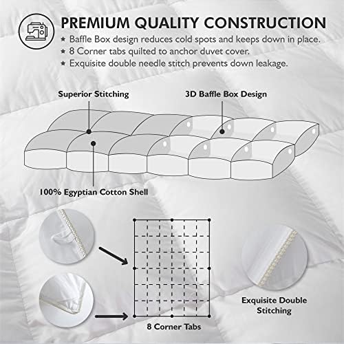 Luxurious White Solid Medium Weight, King Size Goose Feathers Down Comforter for All-Season Weather Duvet Insert, Premium Baffle Box, 100% Egyptian Cotton Cover, 65 oz. Fill Weight - Image 4