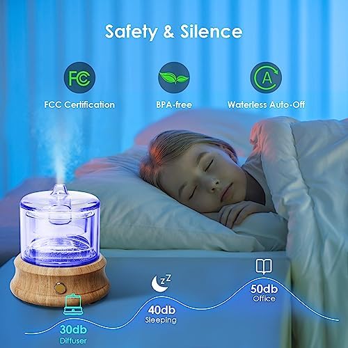 Lecdura Glass Essential Oil Diffuser, 80ML Small Glass Reservoir Natural Wood Base Ultrasonic Cool Mist Aroma Diffusers with USB-Cord Auto-Off 7 Color Light for Home Office Bedroom - Image 4