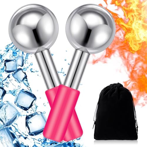 Baderke 2 Pcs Ice Globes for Face Stainless Steel Cooling Globes Unbreakable Cooling Roller Women Ice Balls Cryo Sticks Facials Skin Care for Dark Circles, Puffiness(Silver (Pink Handle)) by Baderke