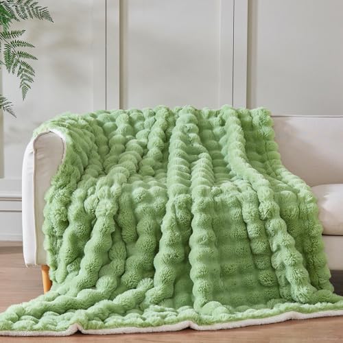 60x80 Inches Ultra-Soft Fuzzy Faux Fur Plush Twin Size Blanket - Thick, Warm Sherpa for Couch, Sofa, Bedroom, Camping - Decorative Blanket for Cozy Warmth, Bubble Light Green - Image 5