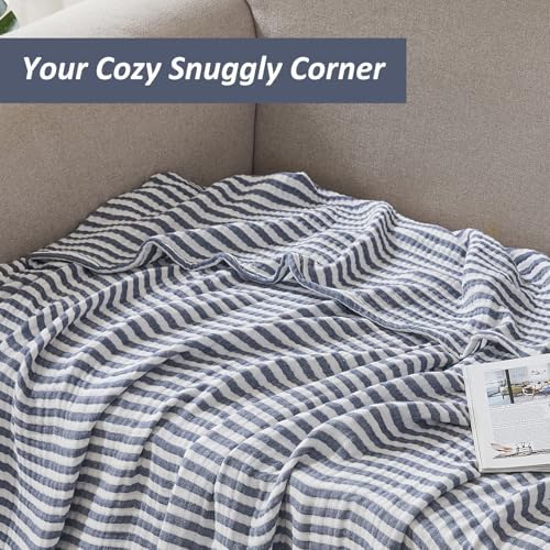 EMME Cotton Muslin Blanket Couch 4-Layer Breathable Gauze Soft Lightweight Bed Blankets Adults Navy Twin (60" x 80") - Image 6