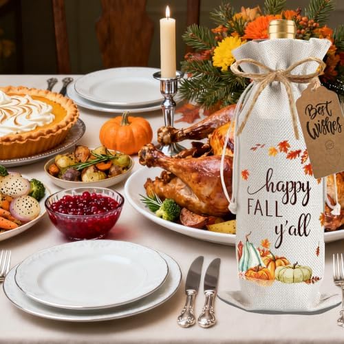 1Pcs Happy thanksgiving Wine Bag Happy Fall Y'all Wine Bag Thanksful Gifts Wine Bag, with 1Pcs Kraft Blessing Cards and natural jute rope - Image 5