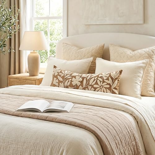 BlissBlush 14x36 Lumbar Pillow Cover for Bed, Brown Rectangular Long Throw Pillowcase, Embroidered Velvet Floral Tufted Farmhouse Accent Cushion (Cover Only) - Image 3