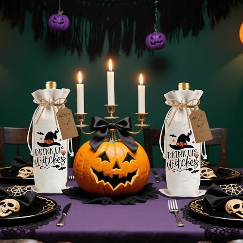 1Pcs Drink Up Witches Gifts Wine Bag,Halloween Wine Bag Halloween Gifts Party Decorations for Women Men with 1Pcs Kraft Blessing Cards and natural jute rope - Image 4